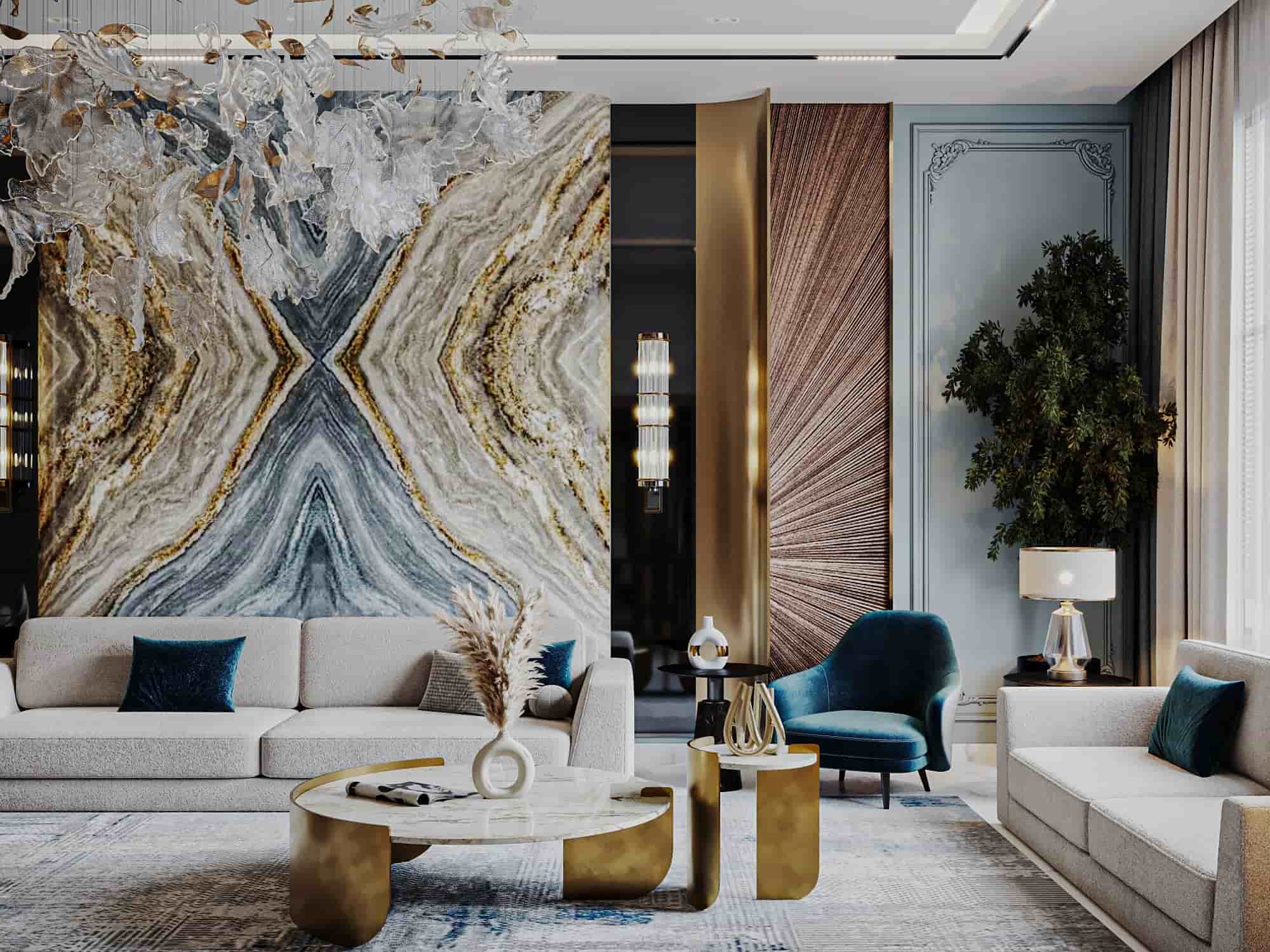 Hyde Park residence living room with onyx feature wall