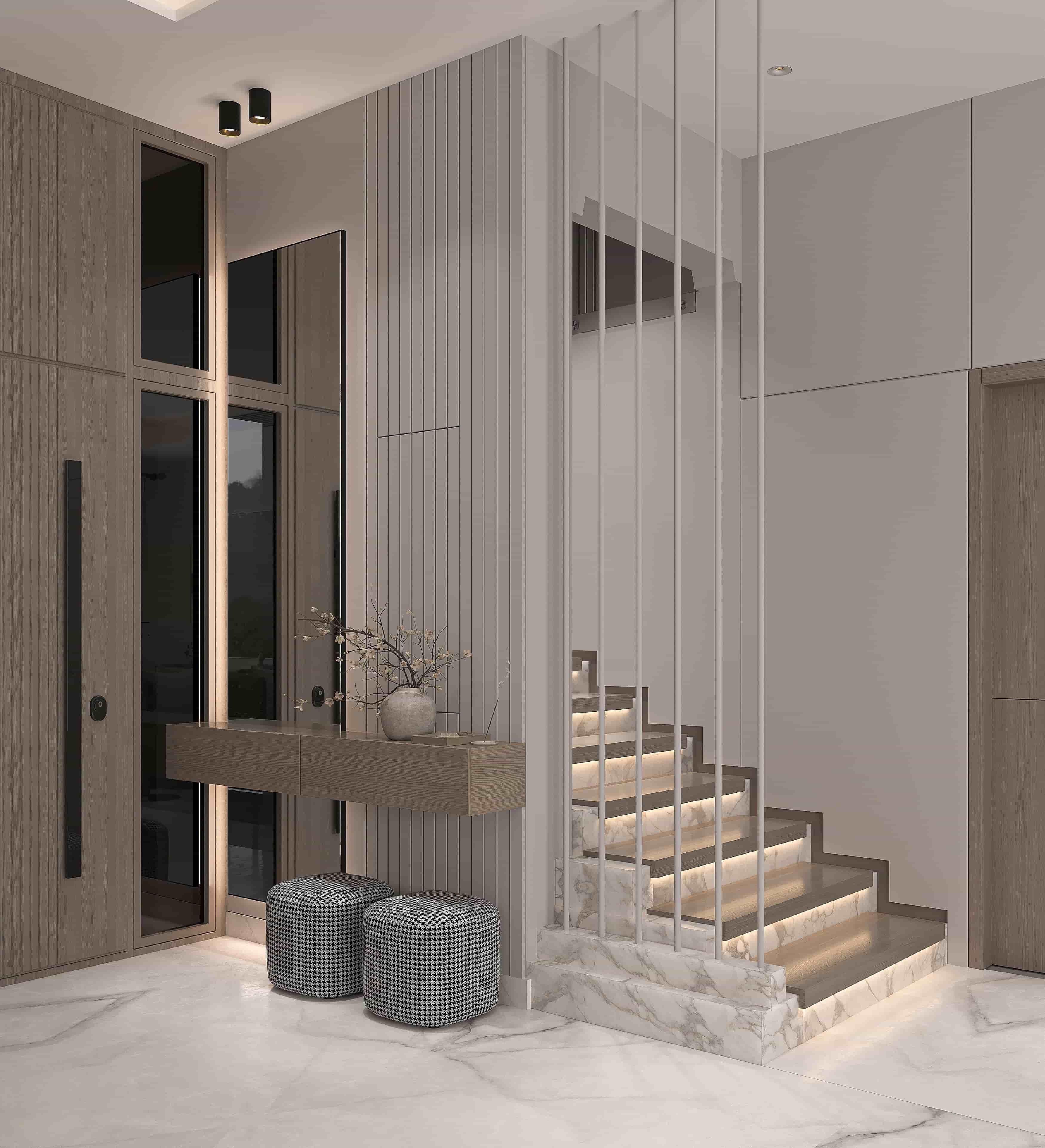 Oman villa marble foyer with floating staircase